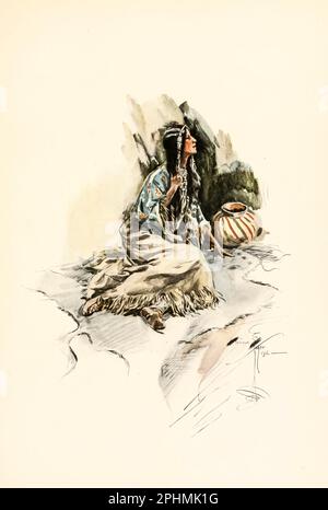 Poi la fanciulla su un'isola illustrata da Harrison Fisher, 1875-1934, dal libro ' la canzone di Hiawatha ' di Longfellow, Henry Wadsworth, 1807-1882; data di pubblicazione 1906 Editore Indianapolis : Bobbs-Merrill Foto Stock