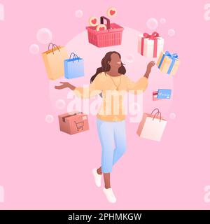 Donna felice che fa lo shopping in linea e che riceve gli acquisti: Shopping e concetto di consegna Illustrazione Vettoriale