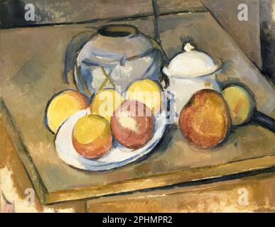 Paul Cezanne, vaso rifinito con paglia, ciotola di zucchero e mele, pittura di vita morta in olio su tela, 1890-1893 Foto Stock