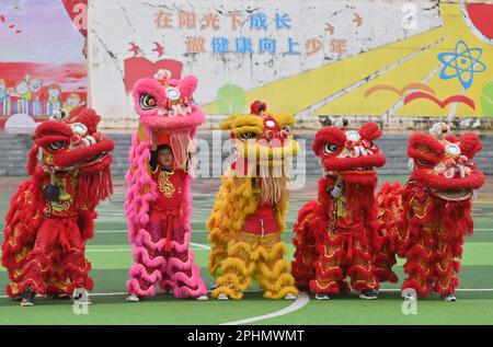 (230329) -- WUZHOU, 29 marzo 2023 (Xinhua) -- gli studenti praticano la danza del leone in una scuola elementare nella Contea di Tengxian di Wuzhou, regione autonoma di Guangxi Zhuang, Cina meridionale, 28 marzo 2023. La Danza del Leone Tengxiano, che è elencata come patrimonio culturale immateriale nazionale, è una combinazione di arti marziali, danza, musica e acrobazie. Negli ultimi anni, la contea di Tengxian ha attivamente integrato la danza del leone con i corsi di scuola materna e scolastica, con l'obiettivo di trasmettere questa forma d'arte tradizionale alle generazioni più giovani. (Xinhua/Huang Xiaobang) Foto Stock