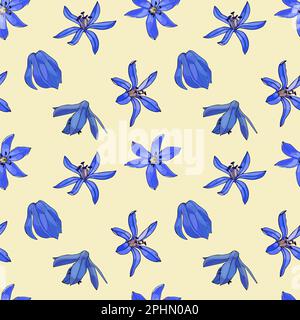 Primavera senza cuciture motivo primrose nevicate. Germogli di fiori blu. Disegno di uno schizzo botanico. Illustrazione vettoriale Illustrazione Vettoriale