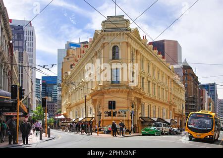 Vecchia Banca della Nuova Zelanda edificio (shopping arcade), CNR. Lambton Quay e Customhouse Quay, CBD, Wellington, Regione di Wellington, Nuova Zelanda Foto Stock
