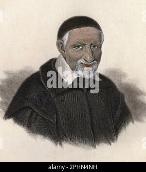 Portrait de Saint Vincent de Paul (1581-1660), pretre et aumonier francais.gravure vers 1835 Foto Stock