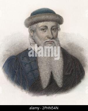 Portrait de Johannes Gensfleisch dit Gutenberg (1394/99-1468), imprimeur allemand.gravure vers 1835 Foto Stock