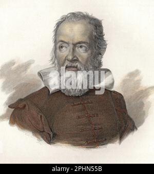 Portrait de Galileo Galilei dit Galilee (1564-1642), physicien, mathematicien,et astronome italien.gravure vers 1835 Foto Stock