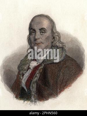 Portrait de Benjamin Franklin (1706-1790), physicien, phyphilosophe et homme politique americain.gravure vers 1835 Foto Stock