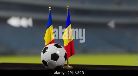 UEFA EURO 2024 Soccer Romania vs Andorra European Championship Qualification, Romania e Andorra con pallone da calcio. 3d lavoro. Yerevan, Armenia - 2023 M Foto Stock