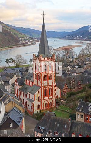 Chiesa evangelica di San Pietro dalla torre postenturm, Bacharach, Bacharach am Rhein, regione di Magonza-Bingen, Renania-Palatinato, Germania 55422 Foto Stock