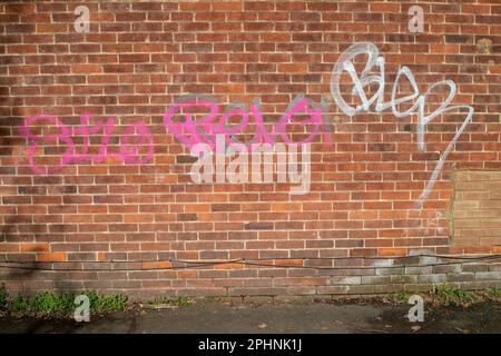 Iver Heath, Buckinghamshire, Regno Unito. 27th marzo, 2023. Graffiti su un muro a Iver Heath, Buckinghamshire. Nel tentativo di ridurre ulteriormente il comportamento antisociale, il governo ha annunciato nuove misure per punire gli artisti graffiti e coloro che causano comportamenti antisociale. Credito: Maureen McLean/Alamy Foto Stock