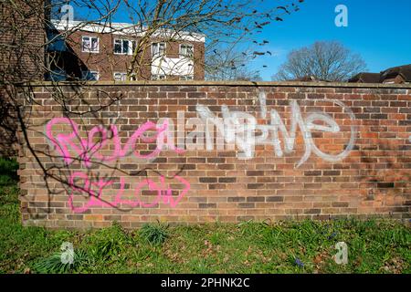 Iver Heath, Buckinghamshire, Regno Unito. 27th marzo, 2023. Graffiti su un muro a Iver Heath, Buckinghamshire. Nel tentativo di ridurre ulteriormente il comportamento antisociale, il governo ha annunciato nuove misure per punire gli artisti graffiti e coloro che causano comportamenti antisociale. Credito: Maureen McLean/Alamy Foto Stock