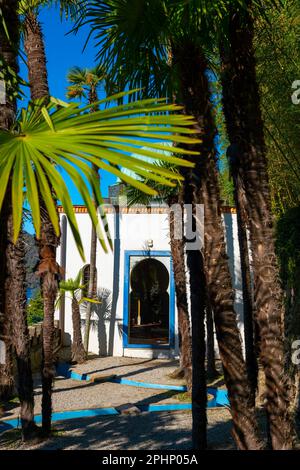 Casa araba e patio con palme e luce solare nel Parco Scherrer di Morcote, Ticino, Svizzera. Foto Stock