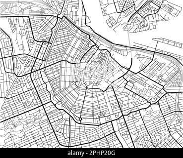 Mappa vettoriale in bianco e nero della città di Amsterdam con strati separati ben organizzati. Illustrazione Vettoriale