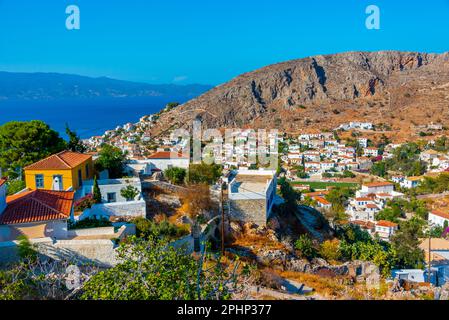 Veduta aerea della città di Hydra in Grecia. Foto Stock