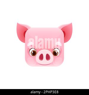 Cartoon maiale kawaii quadrato faccia animale, carino piccolo maialino isolato vettore fattoria ritratto carattere con gli occhi, muso e pelle rosa. Baby maiale zoo app bu Illustrazione Vettoriale