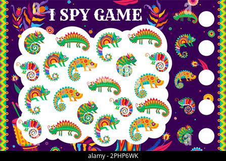 I SPY gioco foglio di lavoro messicano camaleonte lucertole. Capretti vettore conteggio indovinello con cartoni animati divertenti rettili. Quanti animali bambini test di matematica, educatio Illustrazione Vettoriale