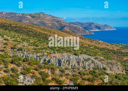 Vista panoramica della regione di mani dal villaggio di Mountanistika in Grecia. Foto Stock