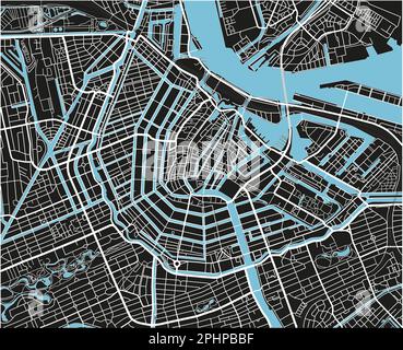 Mappa vettoriale in bianco e nero della città di Amsterdam con strati separati ben organizzati. Illustrazione Vettoriale