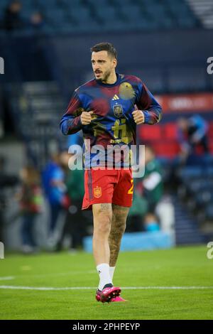 Dani Carvajal, che gioca subito indietro per il Real Madrid, giocando nel gioco contro la Scozia a Hampden Park, Glasgow, Scozia nei campioni europei Foto Stock