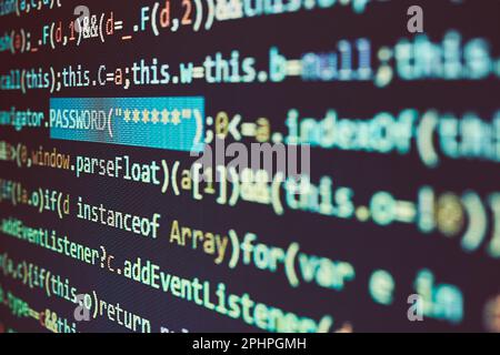 Sicurezza e minaccia nel cyberspazio. Password utente. Sicurezza e protezione dei dati. Codice di programmazione. Script computer astratto. Programma di sviluppo software Foto Stock