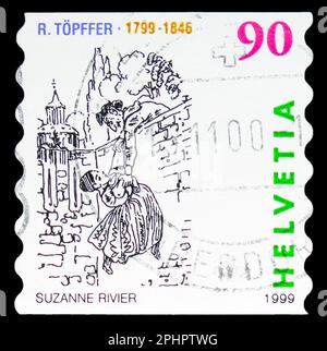 MOSCA, RUSSIA - 25 MARZO 2023: Francobollo stampato in Svizzera mostra i disegni di "Die Liebesabenteuer des Monsieur Vieux Bois", Rodolphe Töpf Foto Stock
