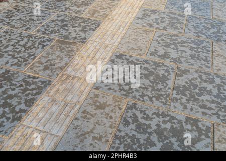Pavimentazione tattile su Modern Tiles Pathway per disabili ciechi, Passerella di sicurezza per disabili, passeggiata in soletta di rilievo, pathway, percorso in mattone Ro Foto Stock