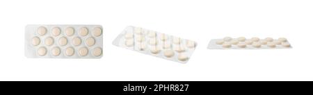 Blister per pillola isolato, Confezione in capsula gialla, Confezione per farmaci, Confezione per pillola, scatola da farmacia, Medicina Capsules Blister su sfondo bianco, Clipping Path Foto Stock