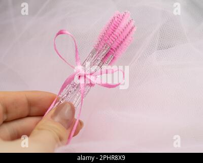 primo piano delle spazzole rosa per pettinare le estensioni e le sopracciglia, strumento per il trattamento nel salone di bellezza. Foto Stock