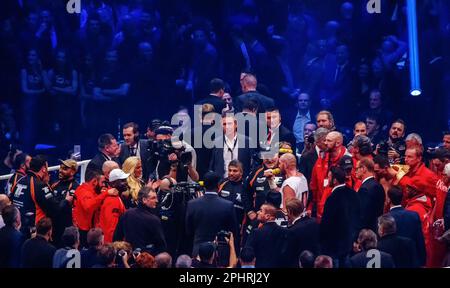 28-11-2015 Dusseldorf Germania. Tyson Fury canta per sua moglie (è una bionda allegra) in un anello affollato. Fratello Vitaly Klitschko e Wladimir Kli Foto Stock