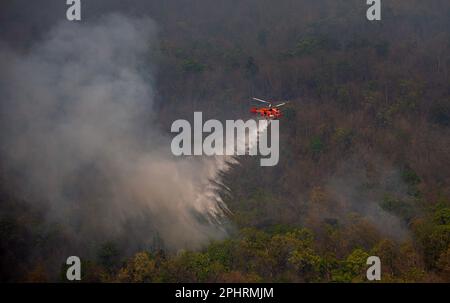 Un elicottero antincendio KA-32 del Dipartimento tailandese di prevenzione e mitigazione delle catastrofi (DDPM) fa cadere l'acqua per spegnere l'incendio della foresta presso la National Reserved Forest Group9. Foto Stock