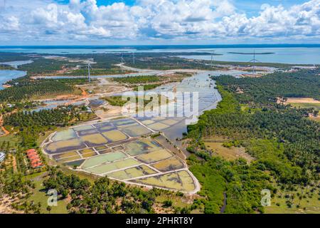 Veduta aerea dei campi agricoli trascurati dalle turbine eoliche a Kalpitiya in Sri Lanka. Foto Stock