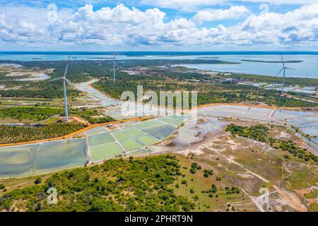 Veduta aerea dei campi agricoli trascurati dalle turbine eoliche a Kalpitiya in Sri Lanka. Foto Stock