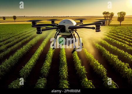 Agricoltura drone volare a fertilizzante spruzzato su campi giardino fattoria Foto Stock