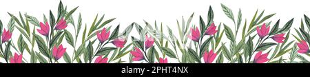 Contorno floreale senza cuciture. Carino banner orizzontale con fiori primaverili disegnati a mano. Illustrazione Vettoriale