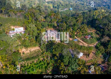 Paesaggio collinare dello Sri Lanka punteggiato da villaggi e piantagioni di tè vicino a Ella. Foto Stock