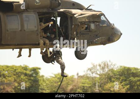 Guatemalteca Special Forces corda veloce da un UH60 Blackhawk per l'addestramento DELLE PATATINE FRITTE durante CENTAM Guardian 23 a San Jose, Guatemala il 21 marzo 2023. CG23 è un esercizio annuale congiunto, interagenzia e multinazionale di costruzione di partnership guidato dall'Esercito, progettato per costruire capacità, capacità e interoperabilità con le nazioni partner dell'America Centrale. (STATI UNITI Foto dell'esercito di Sgt. 1st Classe Iman Broady-Chin) Foto Stock