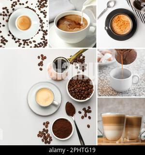 Bel collage con diverse foto di caffè aromatico Foto Stock