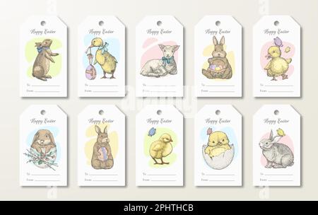 Buoni auguri di buona Pasqua Set di etichette regalo o modelli di etichette pronte all'uso. Illustrazioni di schizzo di animali carvi e uccelli disegnati a mano. Vacanze di primavera Illustrazione Vettoriale
