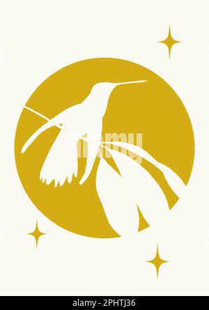 La silhouette di Colibri e le stelle mistiche poster illustrazione. Uccello sul ramo per decorazione, stampa, interior design. Illustrazione Vettoriale