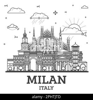 Profilo Milano Italia skyline della città con edifici storici isolati su bianco. Illustrazione vettoriale. Paesaggio urbano di Milano con monumenti. Illustrazione Vettoriale