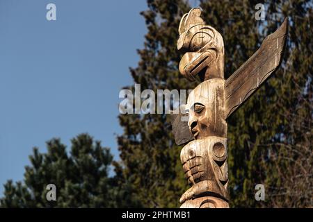 Totem Poles che rappresenta storie della prima nazione canadese in mostra a Brockton Point all'interno dello Stanely Park a Vancouver, Canada. Foto Stock