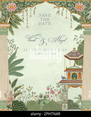 Tradizionale Mughal Wedding Invitation Card. Scheda di invito per la stampa di illustrazioni vettoriali. Illustrazione Vettoriale