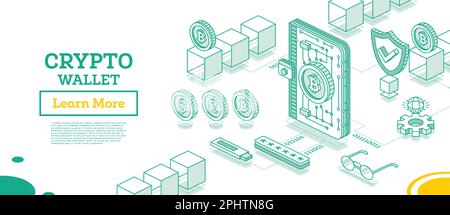 Portafoglio Isometrico Crypto collegato a Blockchain. Industria della criptovaluta. Delineare il concetto della tecnologia Blockchain con i cubi. Illustrazione vettoriale. Illustrazione Vettoriale
