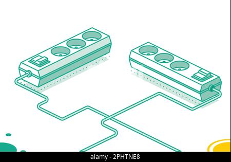 Presa multipla elettrica. Illustrazione vettoriale. Concetto di contorno isometrico. Due oggetti. Cavo di prolunga elettrico moderno. Scheda di alimentazione. Illustrazione Vettoriale