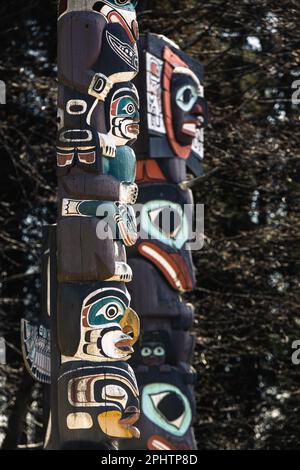 Totem Poles che rappresenta storie della prima nazione canadese in mostra a Brockton Point all'interno dello Stanely Park a Vancouver, Canada. Foto Stock