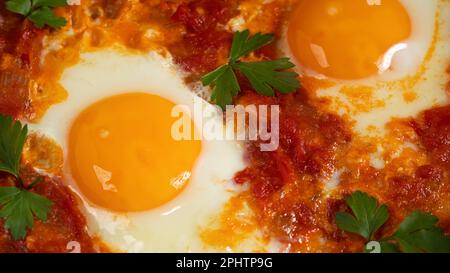 Due uova shakshuka in salsa di pomodoro con pomodori freschi, spezie ed erbe aromatiche. Uova strapazzate per primo piano. Foto Stock