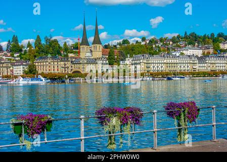 Lungomare del lago di Lucerna con una chiesa a Lucerna, Svizzera. Foto Stock