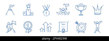 Vincitore premio business doodle icona. Premio, certificato, trofeo per il successo del leader del doodle line sketch. Vittoria, successo, icona del concetto del vincitore. Contorno del tratto di penna modificabile. Illustrazione vettoriale Illustrazione Vettoriale