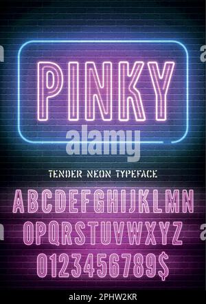 Luce notturna Pinky effetto extra luminoso carattere stretto grassetto con numeri su sfondo muro di mattoni scuri. Alfabeto vettoriale al neon fresco Illustrazione Vettoriale