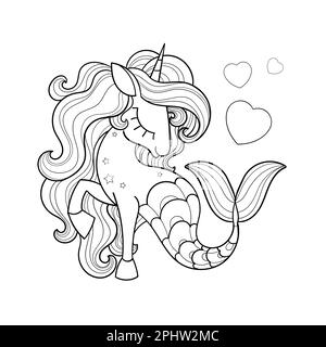 Cavalluccio marino unicorno con criniera arcobaleno. Disegno lineare in bianco e nero. Per la progettazione di libri da colorare, stampe, poster, adesivi, biglietti, puzzle Illustrazione Vettoriale