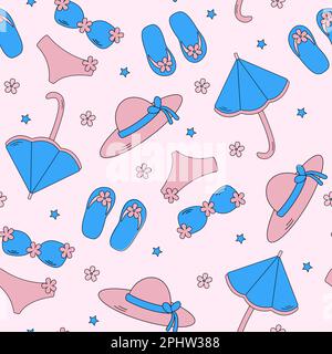 Modello vettoriale senza cuciture con abiti da spiaggia estivi in stile cartone animato divertente. Cappello, costume da bagno, ombrello, infradito nei colori rosa e blu Illustrazione Vettoriale